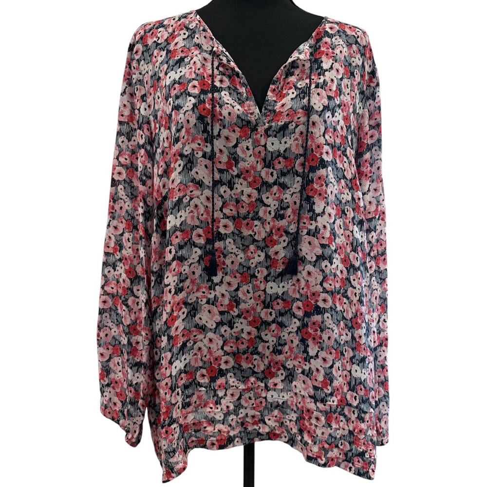 J. Jill Colorful Rayon Floral Long Sleeve Blouse with Tassels Size Large